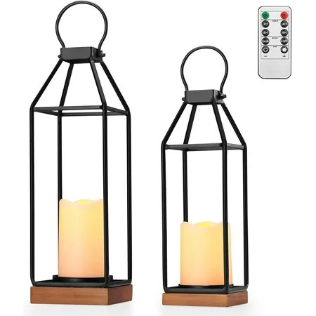 Perfnique Black Metal Lantern w/Wood, Set of 2 Rustic Lantern Decorative w/ Waterproof Flameless Candle & Remote Timer, Farmhouse Lanterns Candle Holder for Outdoor, Indoor, Mantle Decor (No Glass) | Walmart (US)