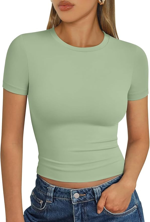 Trendy Queen Womens Basic T Shirts Summer Tops 2025 Short Sleeve Crop Tops Slim Fit Gym Workout Y... | Amazon (US)