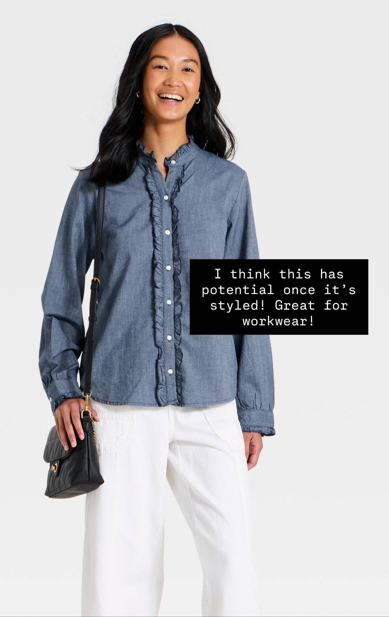 I love a good denim button down, and this one is cute with the ruffle detail! You could definitely style it several ways, and it would be great for workwear!

Loverly Grey, workwear, Target, new arrivals, button down, fall outfit, denim button down, denim shirt 

 #LTKSeasonal #LTKWorkwear