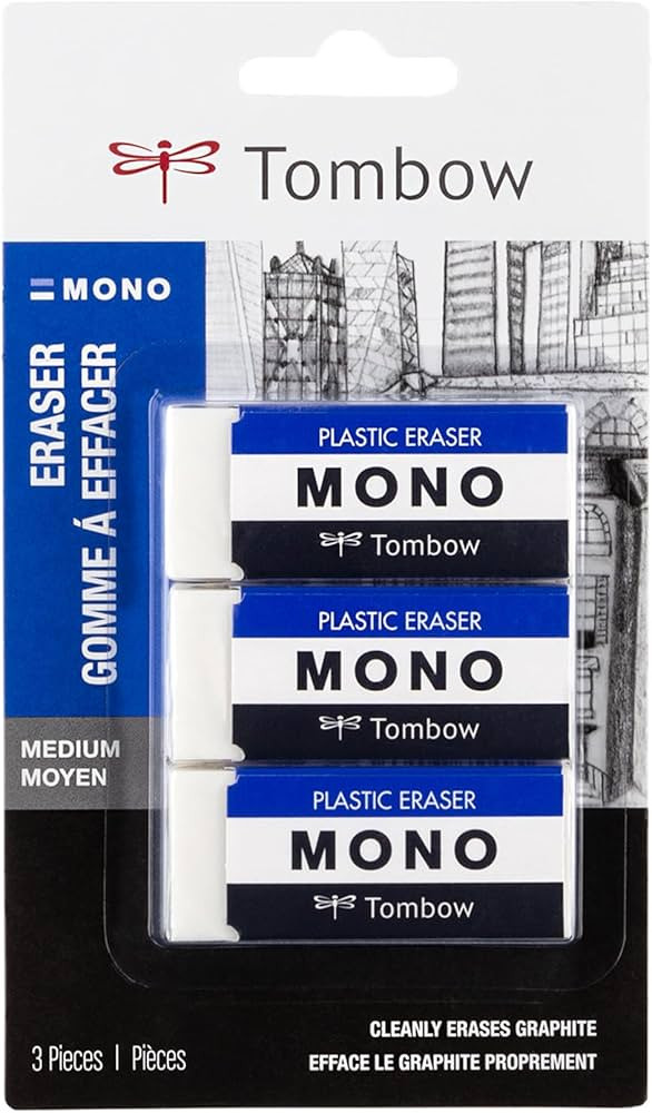 Tombow 57324 MONO Eraser, White, Medium, 3-Pack. Cleanly Removes Marks Without Damaging Paper | Amazon (US)