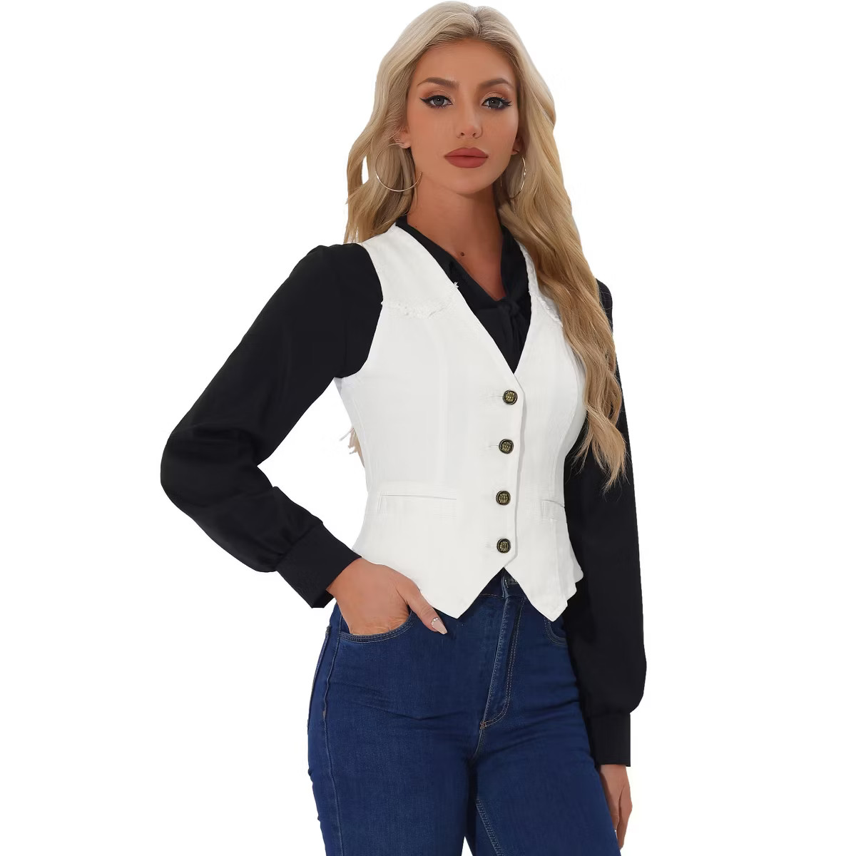 INSPIRE CHIC Women's Denim Sleeveless Collarless Washed Distressed Jean Vest White Large | Target