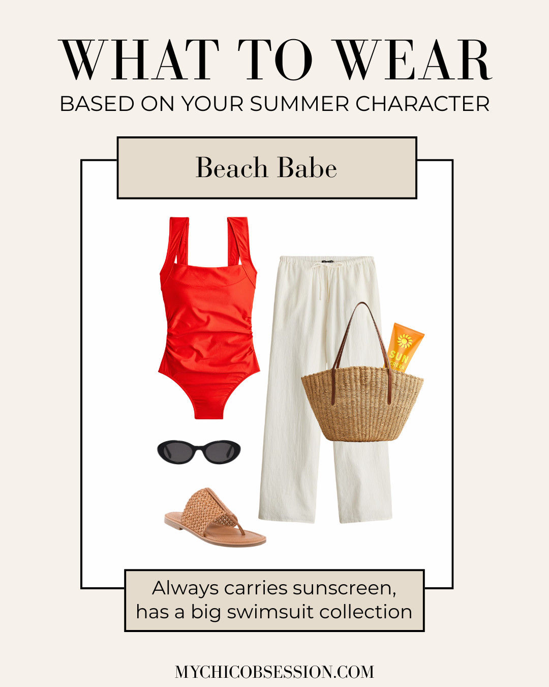 If your summer persona could be described as "beach babe", you'll love this summer outfit idea. Pair a cherry red swimsuit with breezy linen pants, easy woven sandals, a woven tote, and oval sunglasses from Madewell. And of course, don't forget your sunscreen! 

 #LTKSeasonal #LTKStyleTip #LTKSwim