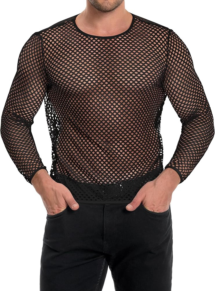 Men's Mesh Fishnet Top Long Sleeve Sheer See Through Fitted Muscle T Shirt | Amazon (US)