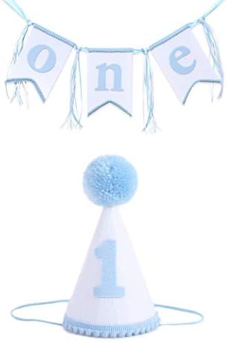 Boys 1st Birthday Hat and Highchair Banner - Blue and White Party Decoration (BAI LAN TAO CAN) | Amazon (US)