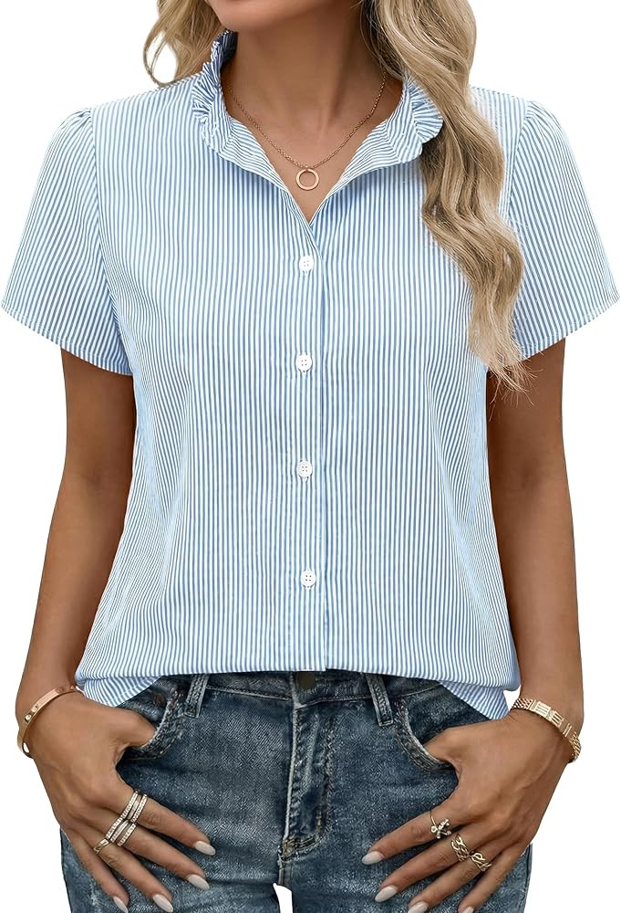 Funlingo Women's Striped Button Down Shirts Summer Short Sleeve Tops Ruffle Collar Work Blouses B... | Amazon (US)