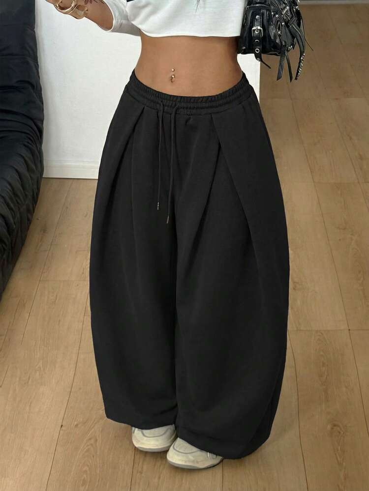 Coolane Women's Spring/Summer Streetwear Basic Daily Wear Going Out Back To School Sport Casual Black Baggy Low Rise Cuffed Banana Pants | SHEIN