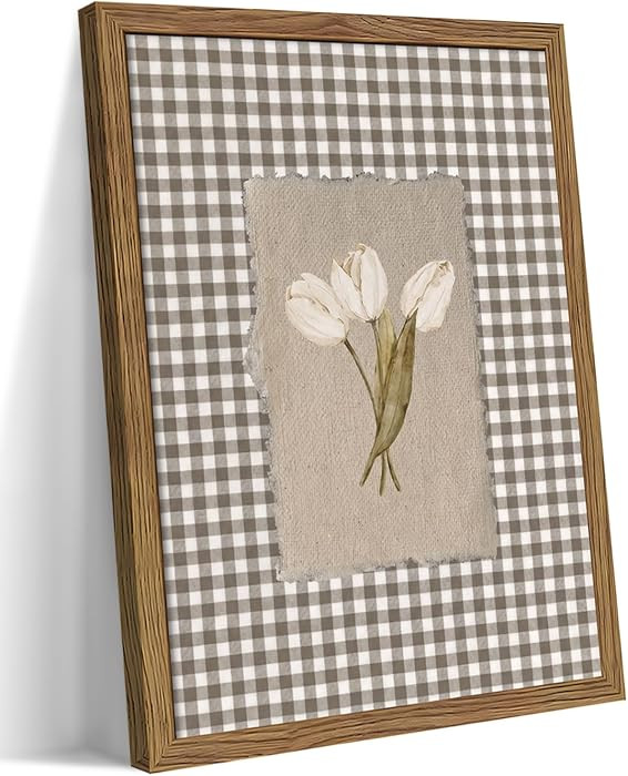 Vintage White Tulips Framed Canvas Wall Art – Brown Gingham Botanical Painting Print, Rustic Fa... | Amazon (US)