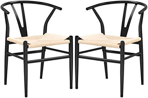 Yaheetech Set of 2 Weave Arm Chair Mid-Century Metal Dining Chair Y-Shaped Backrest Hemp Seat, Black | Amazon (US)