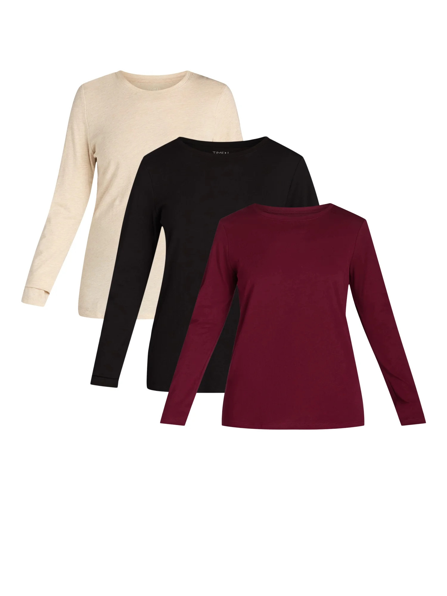 Time and Tru Women's Cotton Crewneck Tee with Long Sleeves, 3 Pack, Sizes XS-XXXL | Walmart (US)