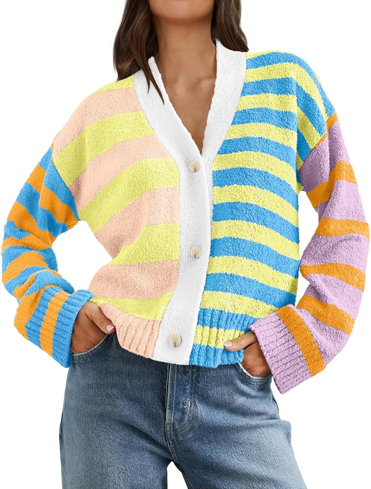 MEROKEETY Women's Striped Cardigan Sweaters Color Block Fuzzy Knit Coat Button Down V Neck Outfit... | Amazon (US)