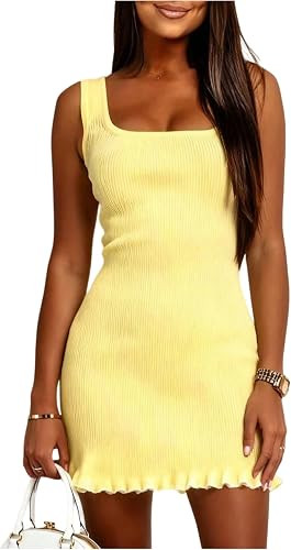SOLY HUX Women's Ruffle Sleeveless Ribbed Knit Bodycon Mini Dress | Square Neck, Summer, Tank Dre... | Amazon (US)