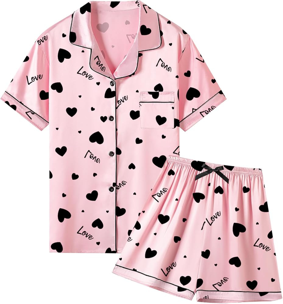 QZH. DUAO Girls & Women's Short Sleeve Satin Pajamas Set Silky 2Pcs Sleepwear, 3 Years - 2XL | Amazon (US)