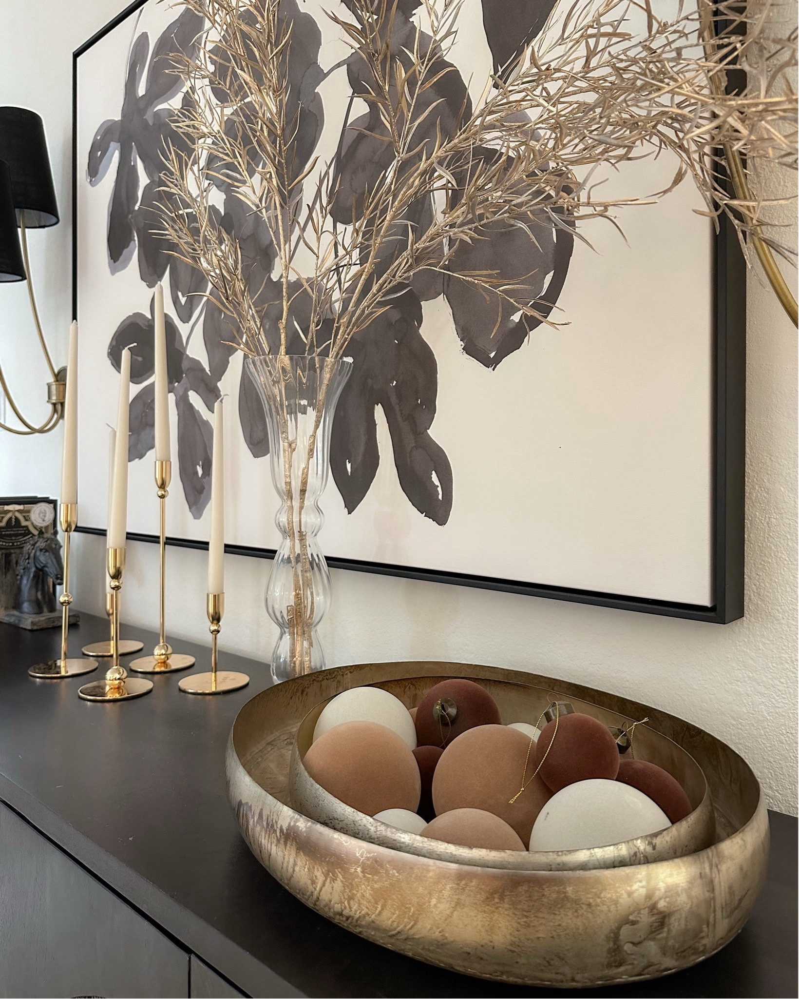 Holiday sideboard decor! These are the Target velvet ornaments from last year — available this year in another gorgeous color! I used 2 of these affordable gold stems here in a vintage vase - linked similar!

#LTKHoliday #LTKHome #LTKStyleTip