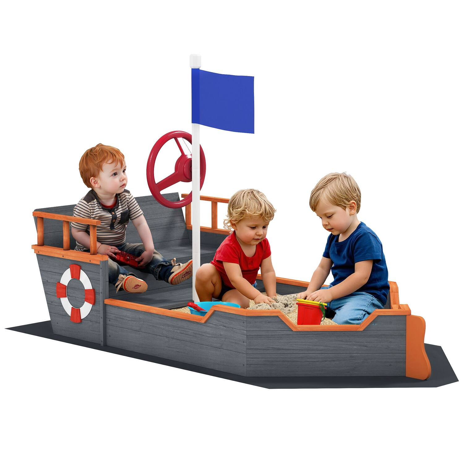 Outsunny - Kids Wooden Sandbox Pirate Ship Sandboat w/ Bench Seat Storage Space Ceder Wood | Best Buy U.S.