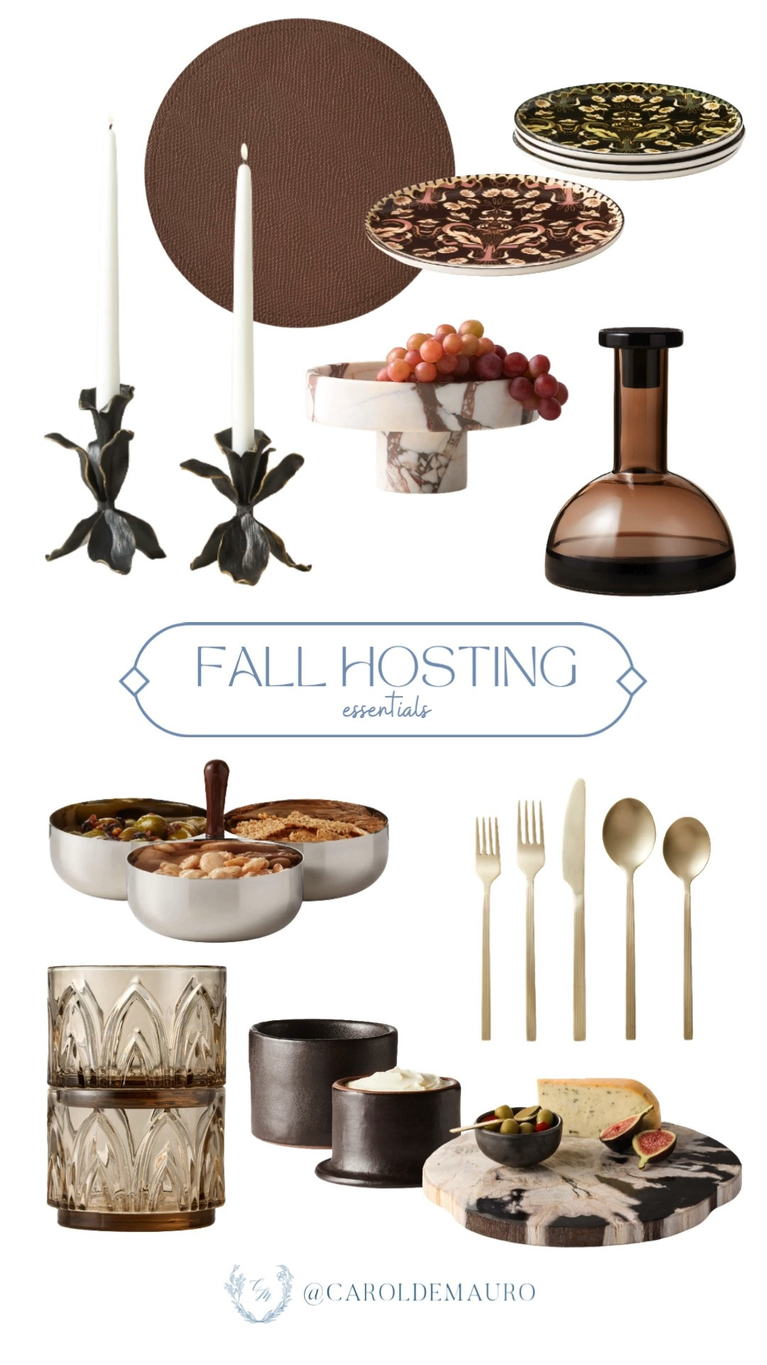 Marble details and rich textures come together for the prettiest fall hosting setup. Everything you need for a cozy evening with guests.

fall hosting essentials, tablescape decor, fall entertaining ideas, cheese board styling, marble serveware, candle holders fall, fall dinner party