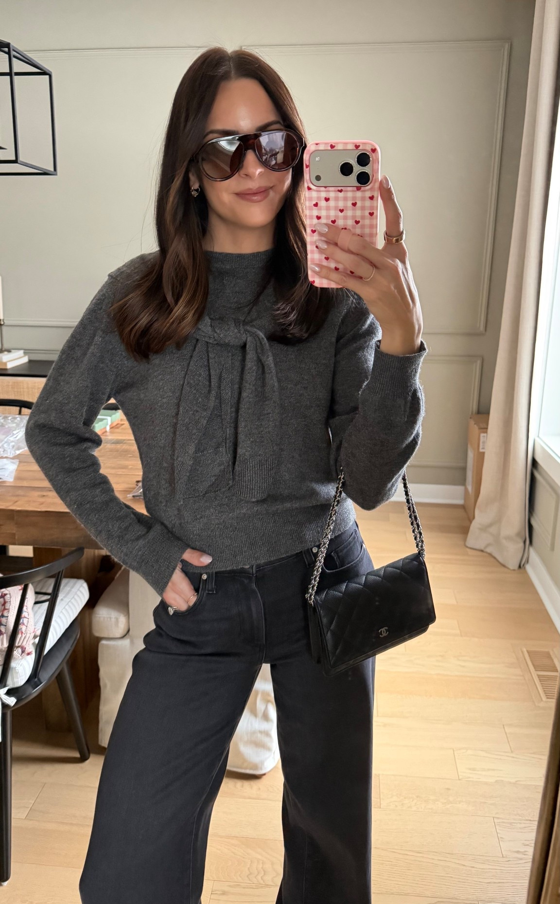 Amazon sunnies ⛷️ kinda remind me of the trendy Prada ones! 
Sweater has the built in tie 🙌🏼 wearing my true size S 
Jeans are true to size (27) 

Earrings code TAKE20 for 20% off 

#LTKFindsUnder50 #LTKSaleAlert #LTKFindsUnder100