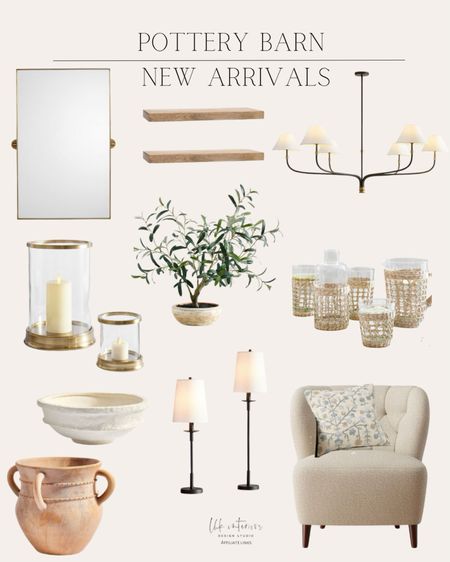 Pottery Barn New Arrivals 
Cane recycled drinking glasses / Collins round chandelier / Daphne hurricane / faux potted olive houseplant / halldale terracota vase collection / Remington iron table lamp / Olivia upholstered arm chair / Genevieve embroidered pillow / Brighton floating shelves / linden rectangular pivot mirror / thayer ceramic bowl 

#LTKhome #LTKSpringSale