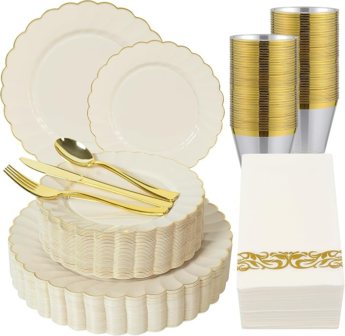 ISFANGCO175PCS Thanksgiving Disposable Dinnerware-Ivory Scalloped Plastic Plates with Gold Rim -2... | Amazon (US)