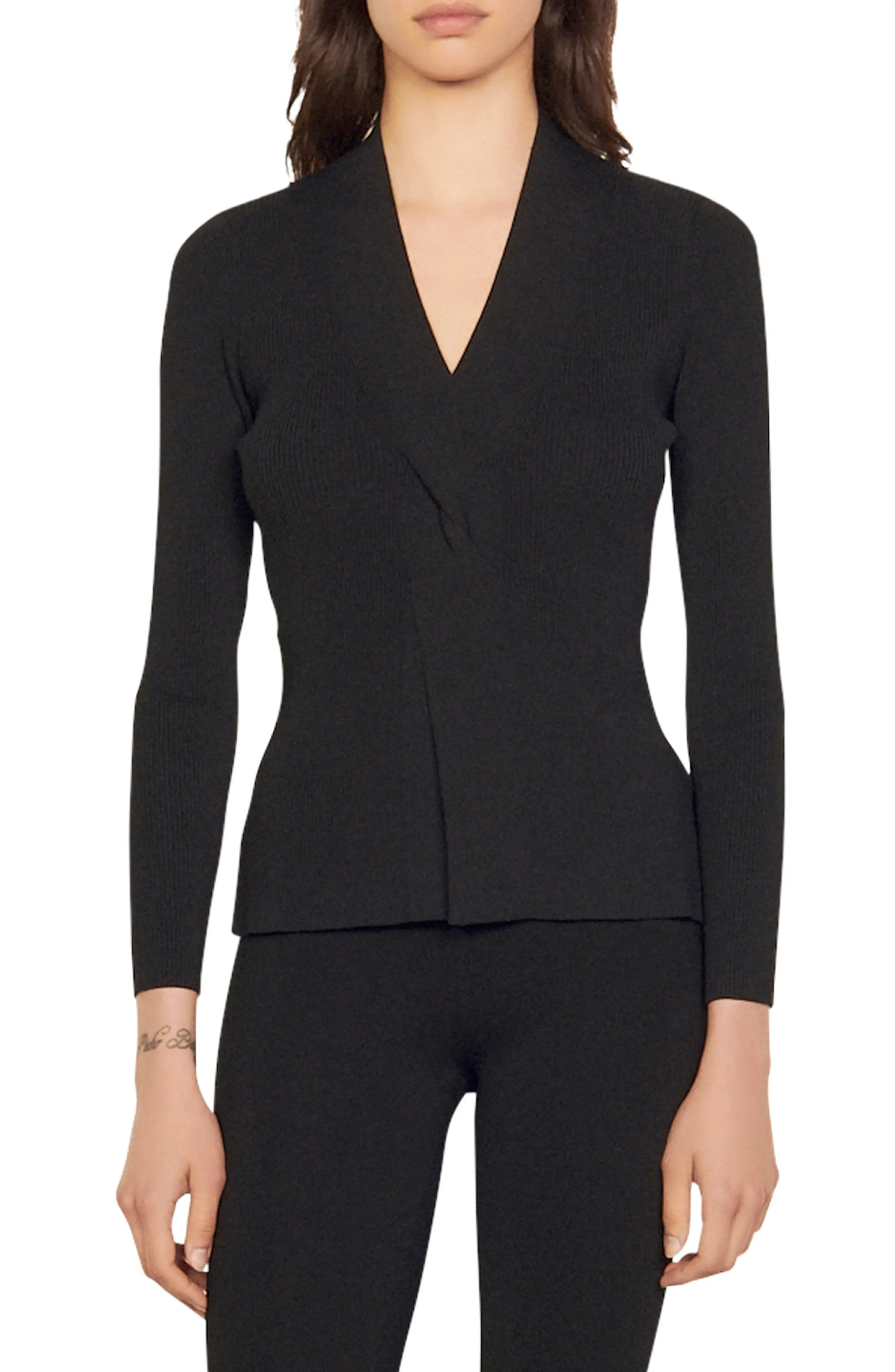 sandro Louane Twist Front V-Neck Sweater in Black at Nordstrom, Size 0 | Nordstrom