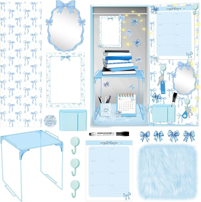 18 Pieces Blue Bow Locker Accessories Kit with Blue Bow Magnetic Wallpaper Wall Sticker Locker Sh... | Amazon (US)