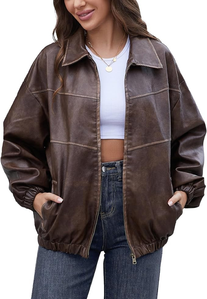 Womens Oversized Y2K Faux Leather Jackets Vintage Fashion Motorcycle Coats Fall Outfits 2026 | Amazon (US)