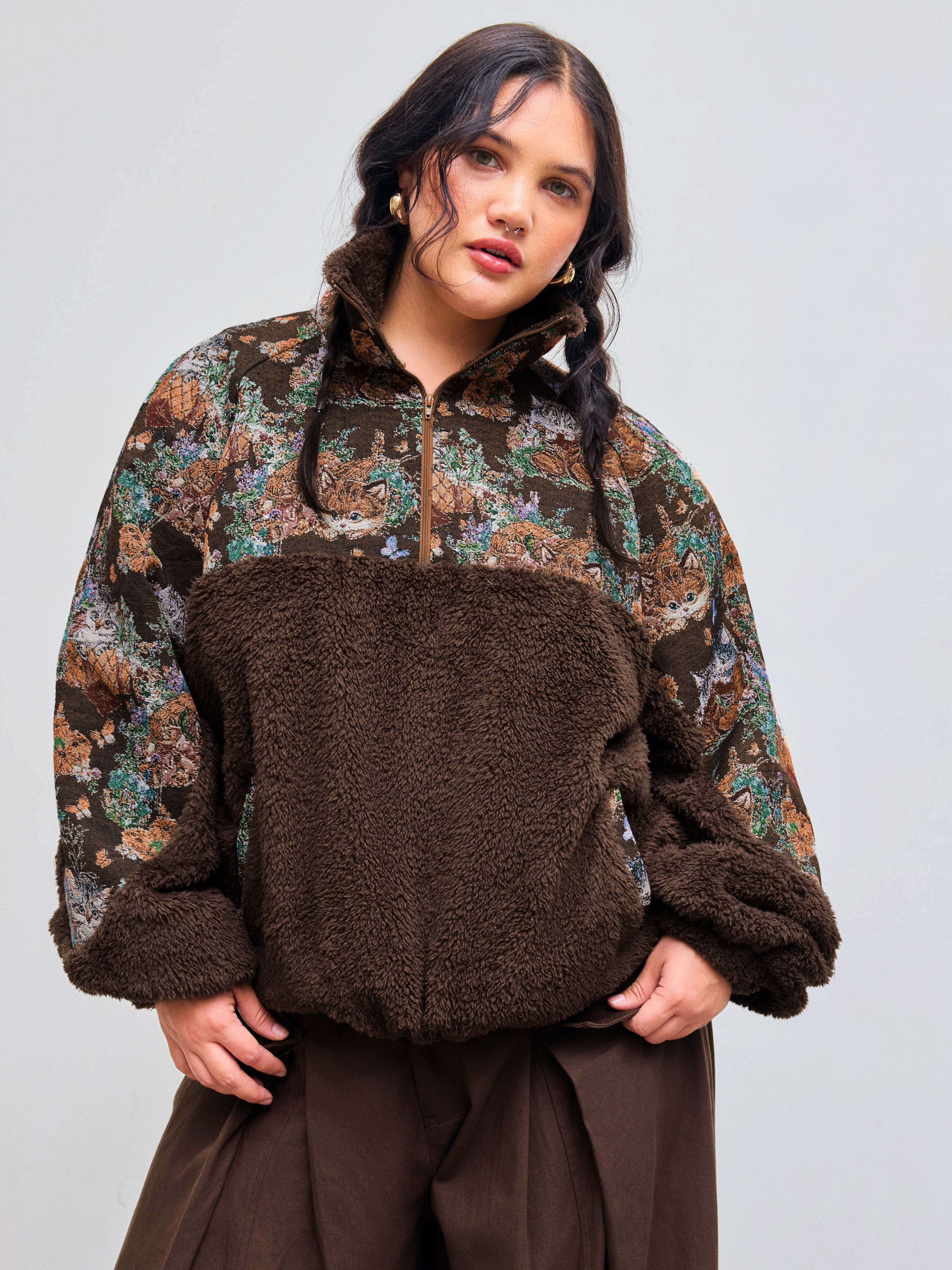 Women Fleece Jackets Jacquard Fleece Collar Floral Cat Drawstring Sweatshirt Curve & Plus For Dai... | Cider