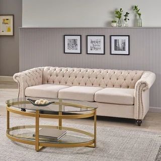 Parksley Tufted Chesterfield 3-seat Sofa by Christopher Knight Home - Beige | Bed Bath & Beyond