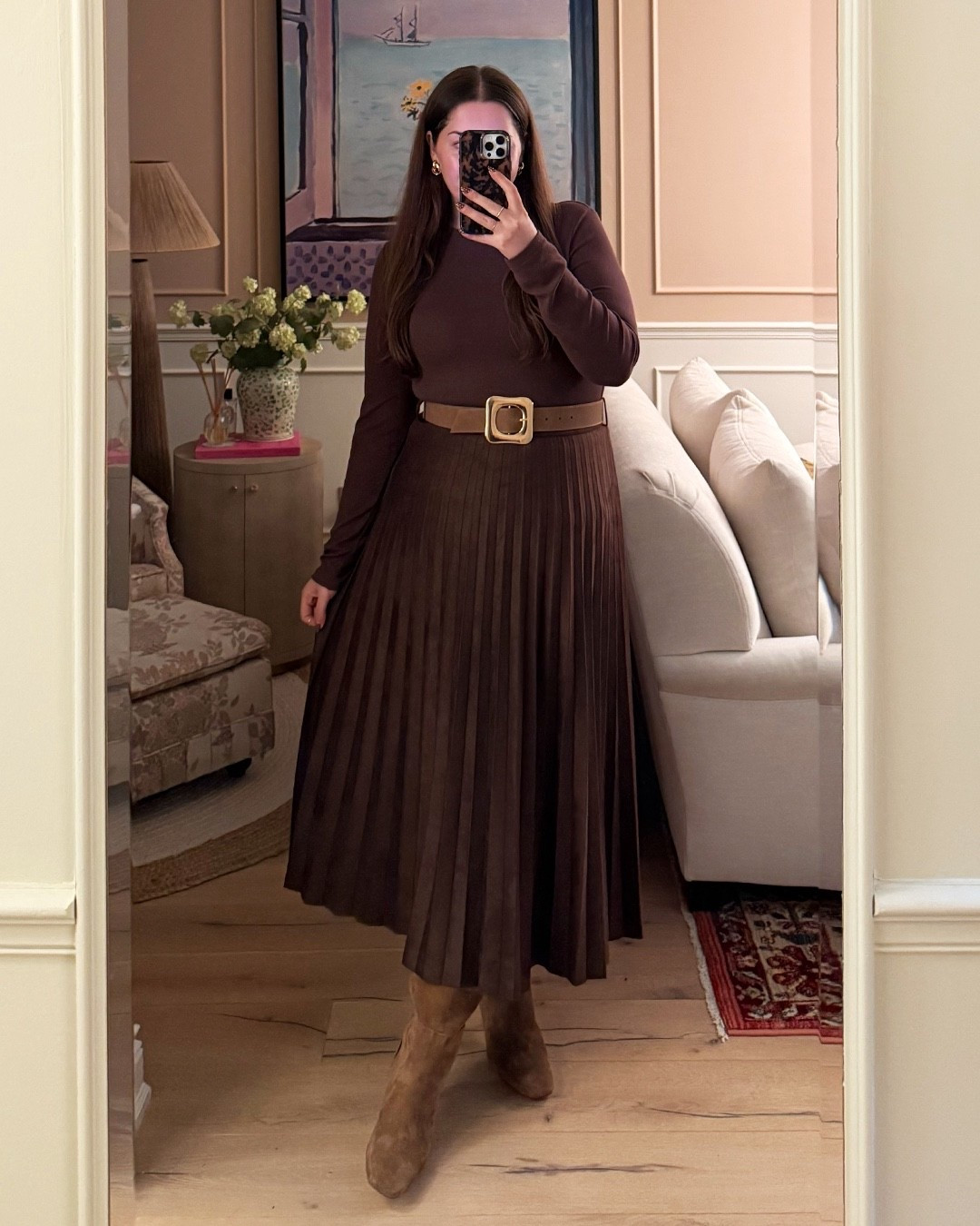 Office outfit / pleated skirt / date night outfit / fall outfit / workwear / monochromatic / Zara outfit / wide-calf boots - XL in skirt / L in top

#LTKworkwear #LTKmidsize #LTKfall