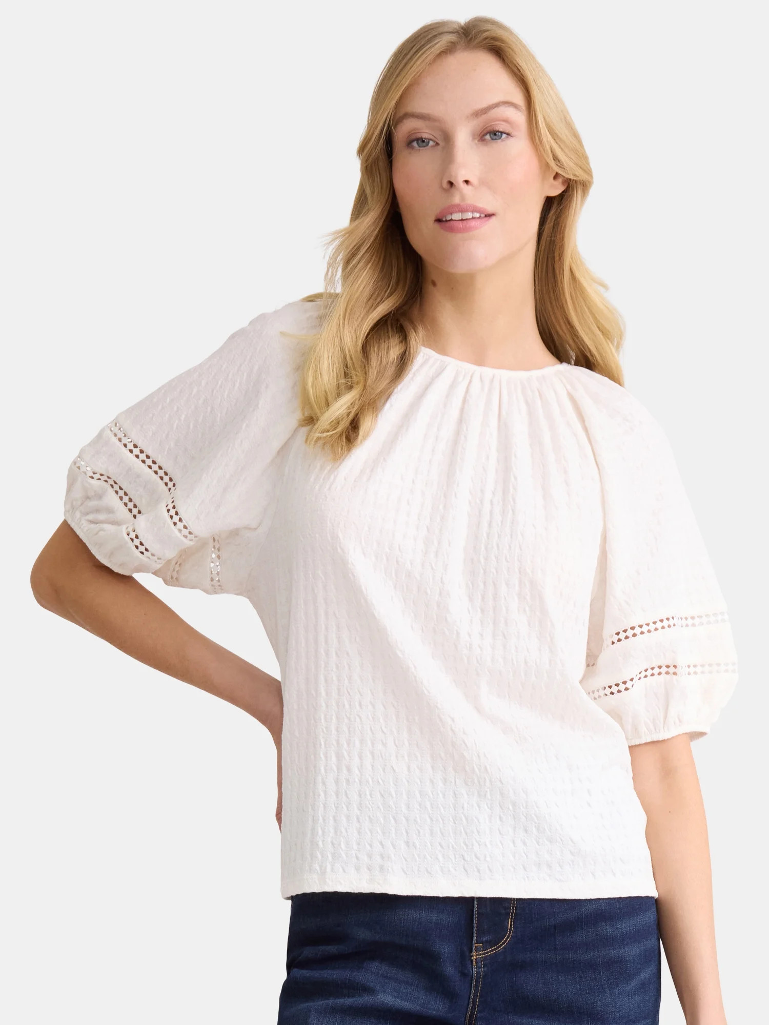 Time and Tru Women's Lace Trim Top with Puff Sleeves, Sizes XS-XXXL - Walmart.com | Walmart (US)