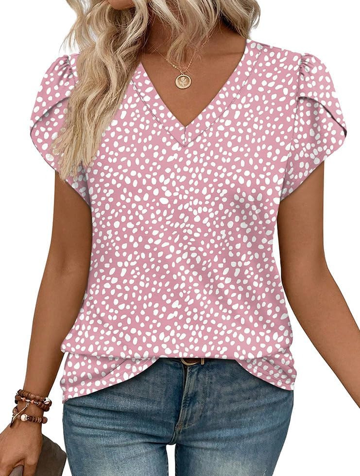 WIHOLL Womens Tops Dressy Casual Petal Sleeve Summer Spring Short Sleeve V Neck Shirts Work Busin... | Amazon (US)