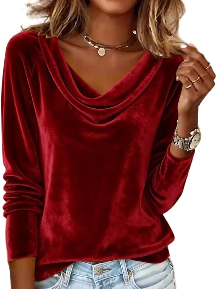 Women's Sparkly Velvet Tops Elegant Cowl Neck Long Sleeve Shirts Fall Winter Dressy Casual Blouse... | Amazon (US)