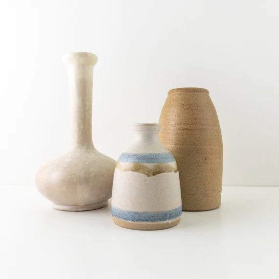 Vintage Pottery Vases, Sold Separately, Cream Gray Long Neck Bulbous Vase, Mustard Yellow Stonewa... | Etsy (US)