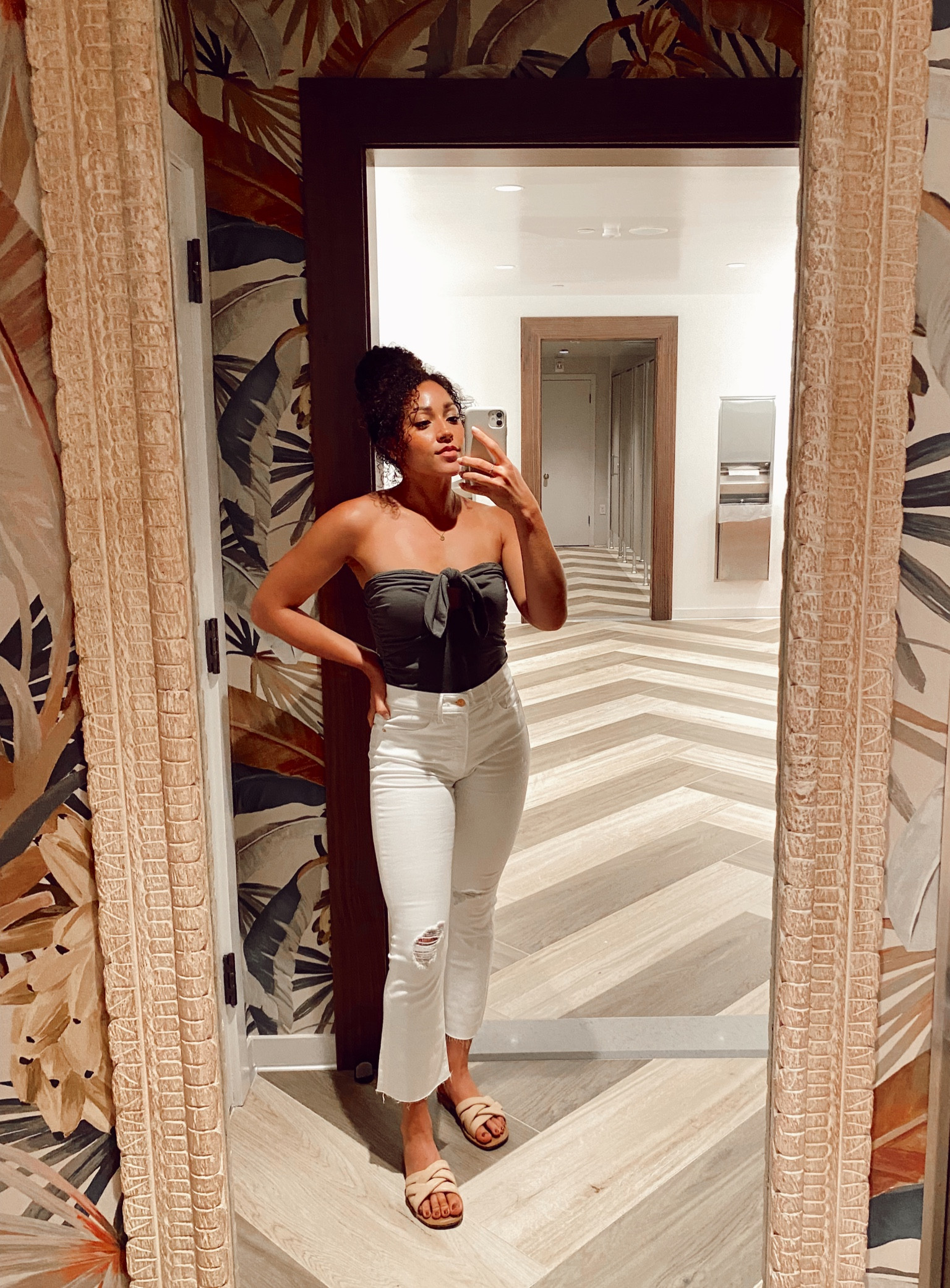 White jeans, green top, and tan sandals outfit! 

#LTKfit