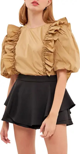English Factory Double Ruffle Puff Sleeve Cotton Blouse | Nordstrom | Nordstrom