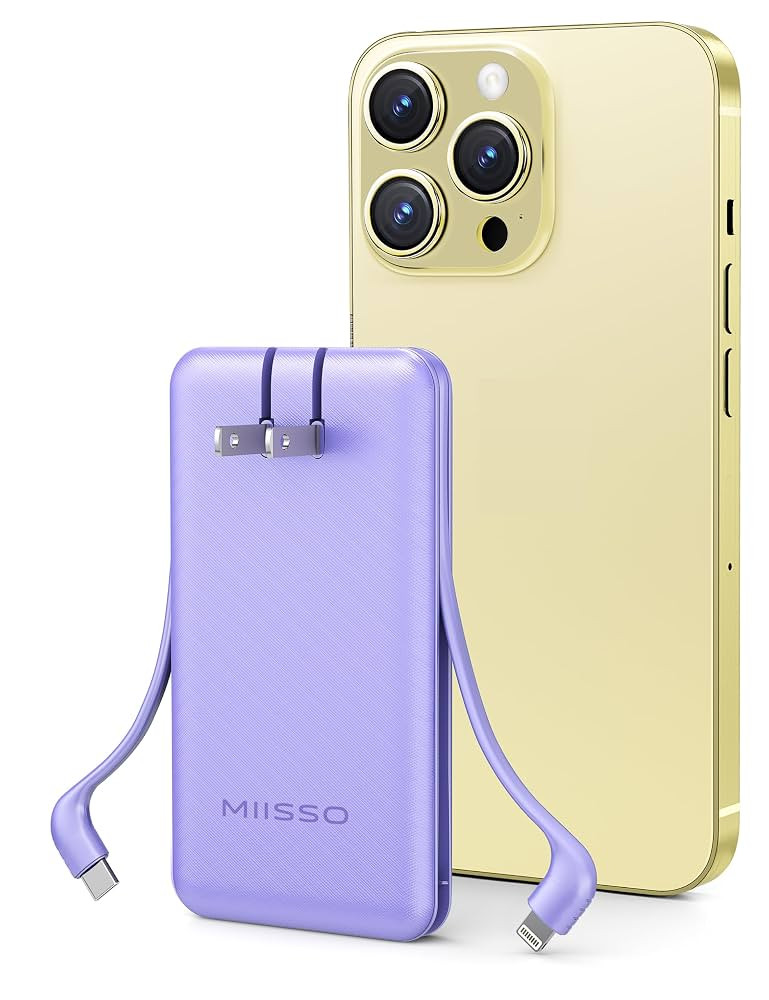 miisso Ultra Slim 10000mAh Power Bank Built-in Cables and Foldable AC Wall Plug, Pocket Size USB ... | Amazon (US)