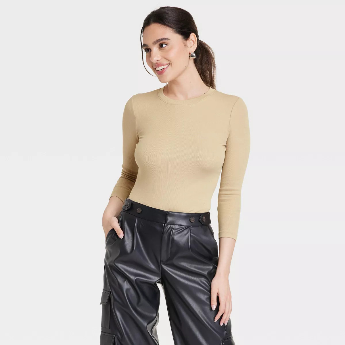 Women's Long Sleeve Slim Fit Crewneck T-Shirt - A New Day™ Tan XL | Target