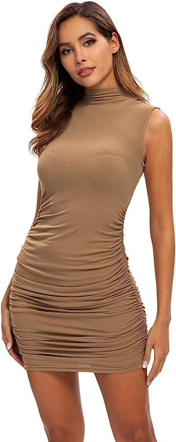 Nasperee Women Sleeveless Mock Neck Stretchy Tank Ruched Bodycon Dress Casual T Shirt Short Mini... | Amazon (US)