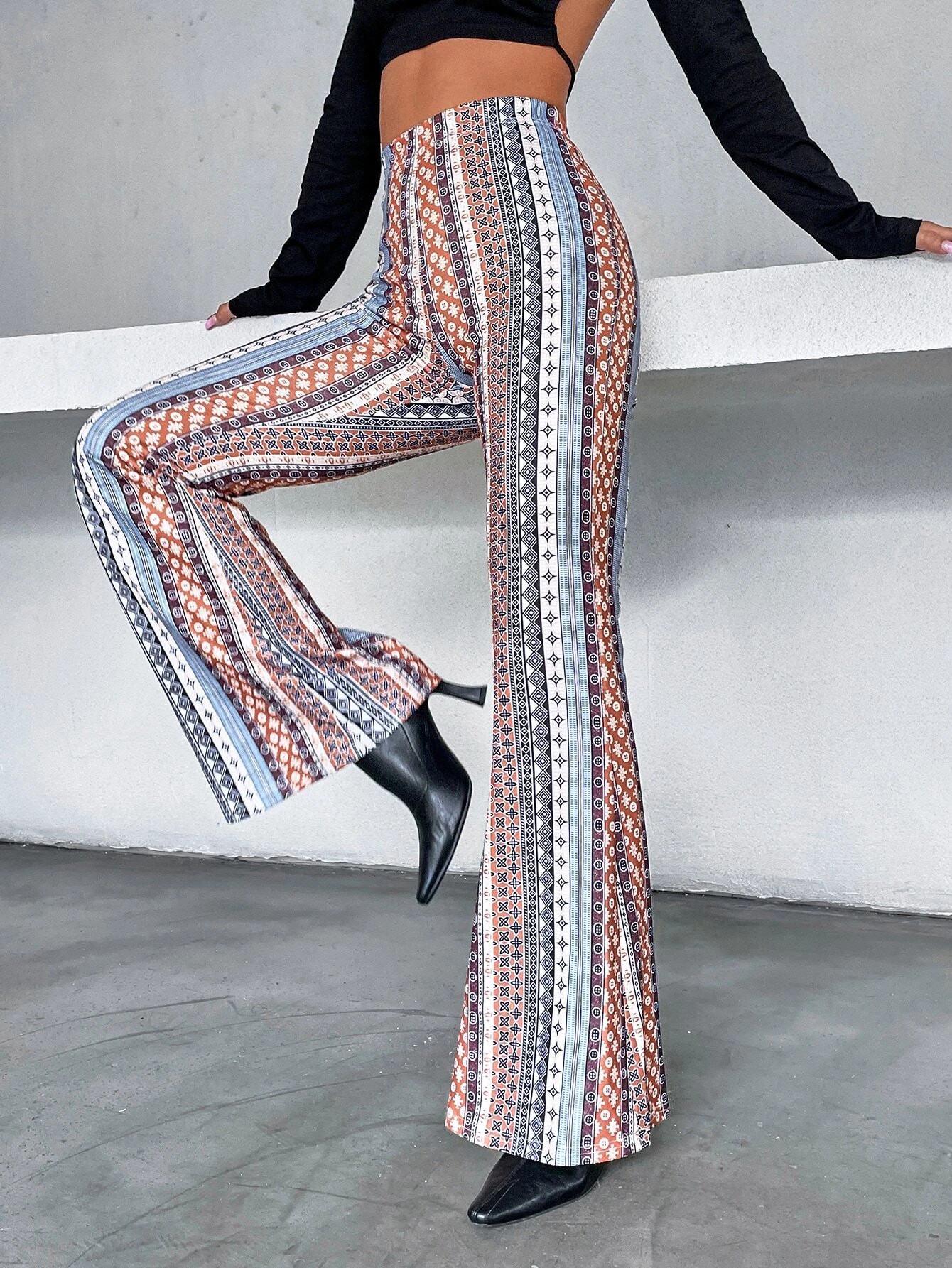Striped And Geo Print Flared Leg Pants | SHEIN