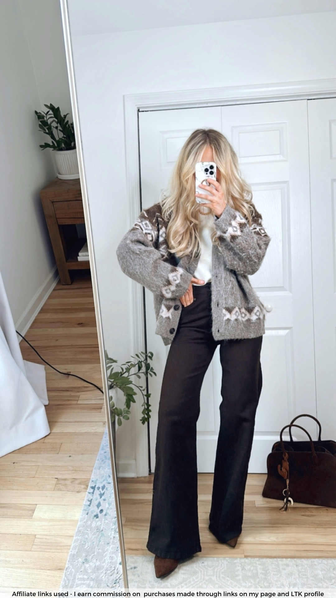 Zara outfit fall cardigan sweater and brown wide leg jeans