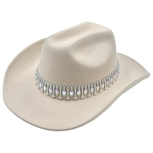 Xufadiva Shiny Rhinestone Women's Cowgirl Hat Western Cowboy Retro Panama Unisex Sequin Wide Brim Hat Beige | Amazon (US)