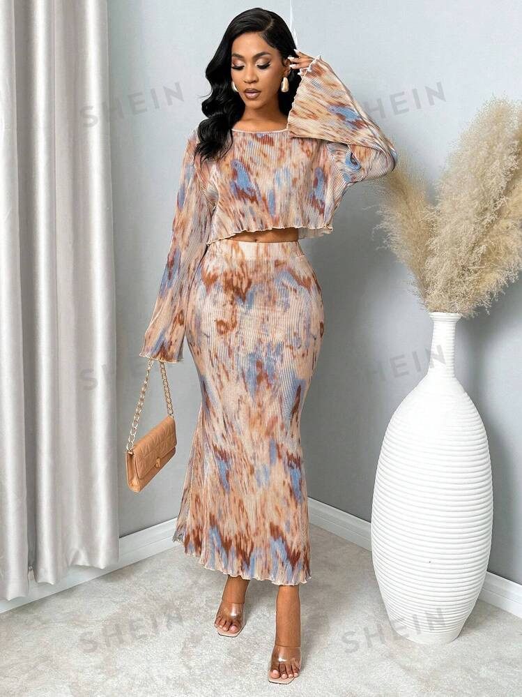 BamGleam Women's Tie-Dye Floral Print Crew Neck Flare Sleeve Blouse And Long Asymmetric Skirt Ele... | SHEIN