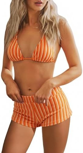 ZAFUL Bikini Sets for Women Boyshort Bathing Suit Halter Triangle Top Bikini with Shorts Set Stri... | Amazon (US)