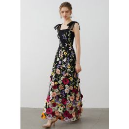 3D Floral Applique Tie-Strap Mesh Tulle Maxi Dress in Black | Chicwish