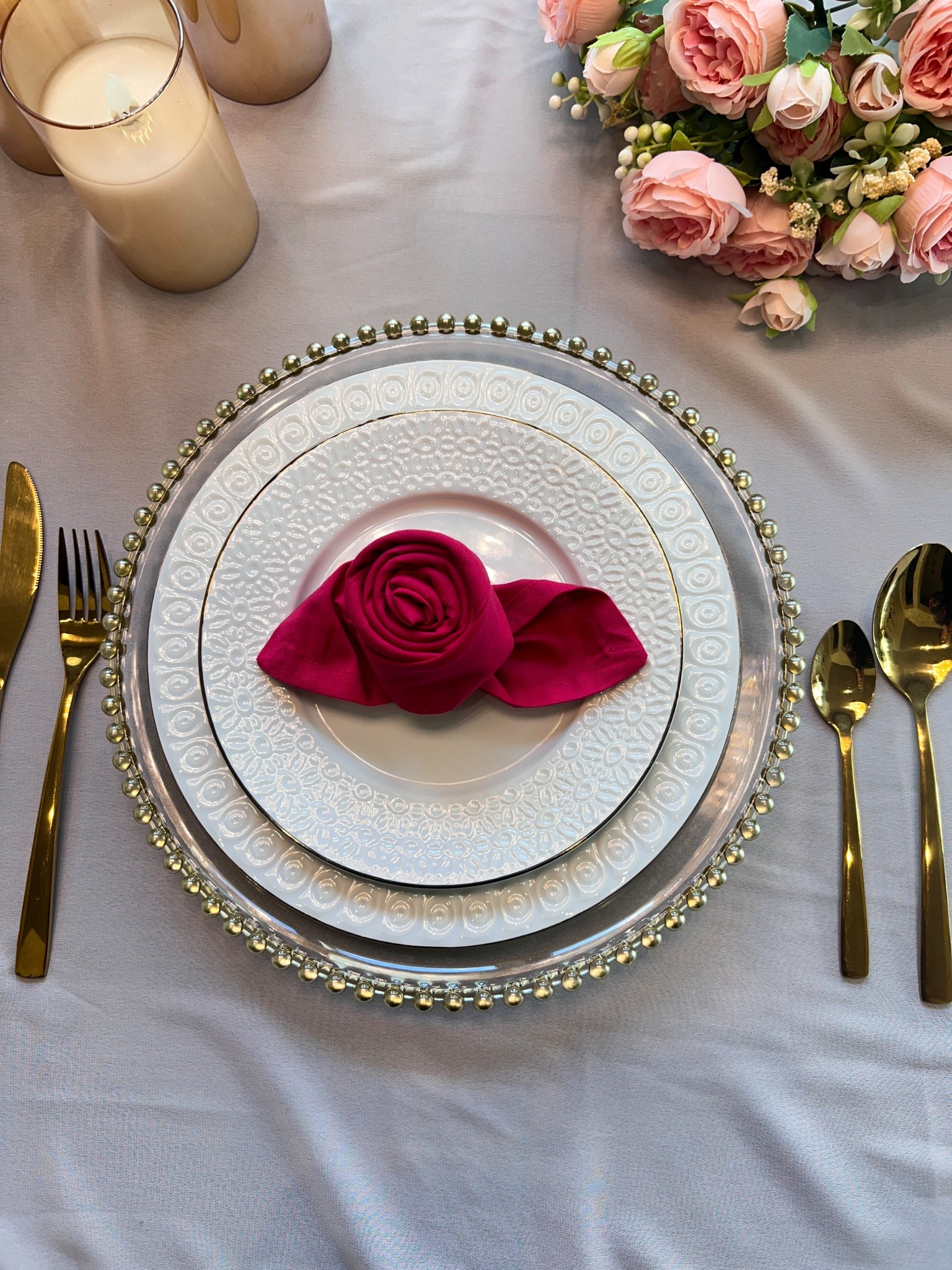 Valentine's Day table setting. This rose napkin and gold flatware make the perfect Galentine's place setting. 

#LTKHome #LTKSeasonal #LTKValentine