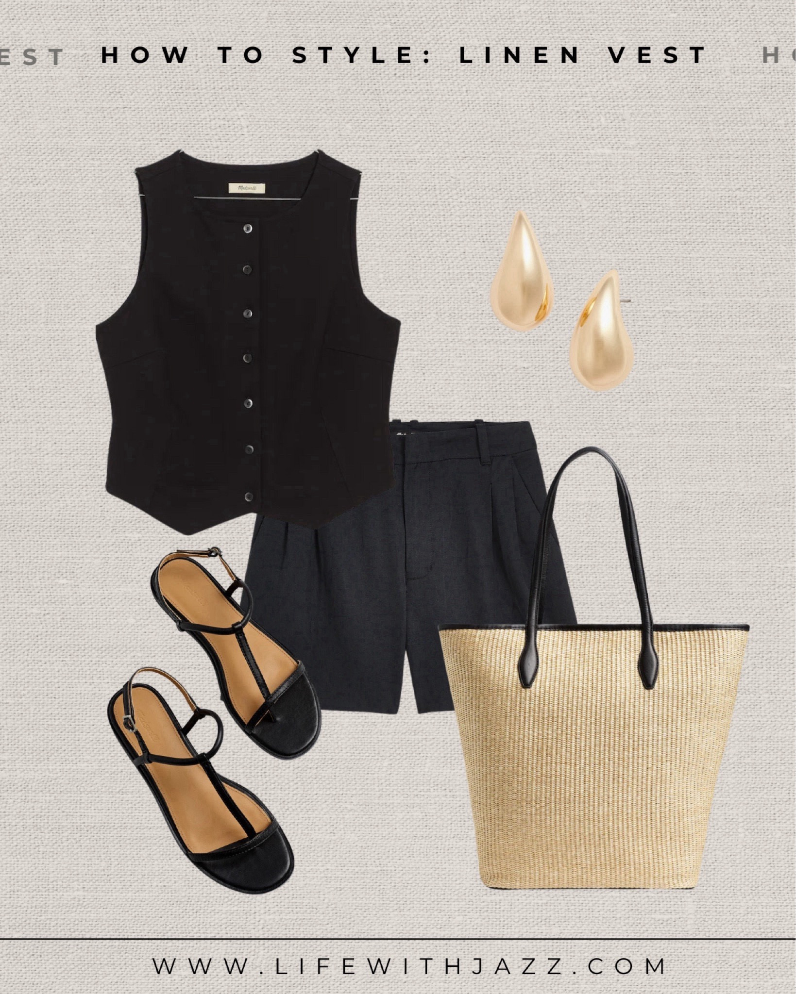 How to style a black linen vest for summer 

Black linen vest / black linen tailored shorts / straw tote / black strappy sandals / earrings / monochrome / chic 

#LTKStyleTip #LTKFindsUnder100