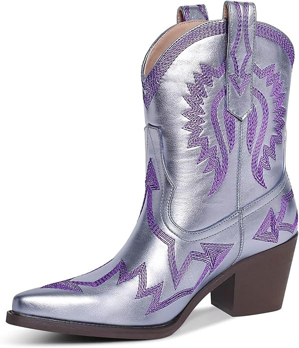 Western Boots for Women Metallic Embroidered Pointed Toe Cowgirl Boots Chunky Heel Pull-On Short ... | Amazon (US)
