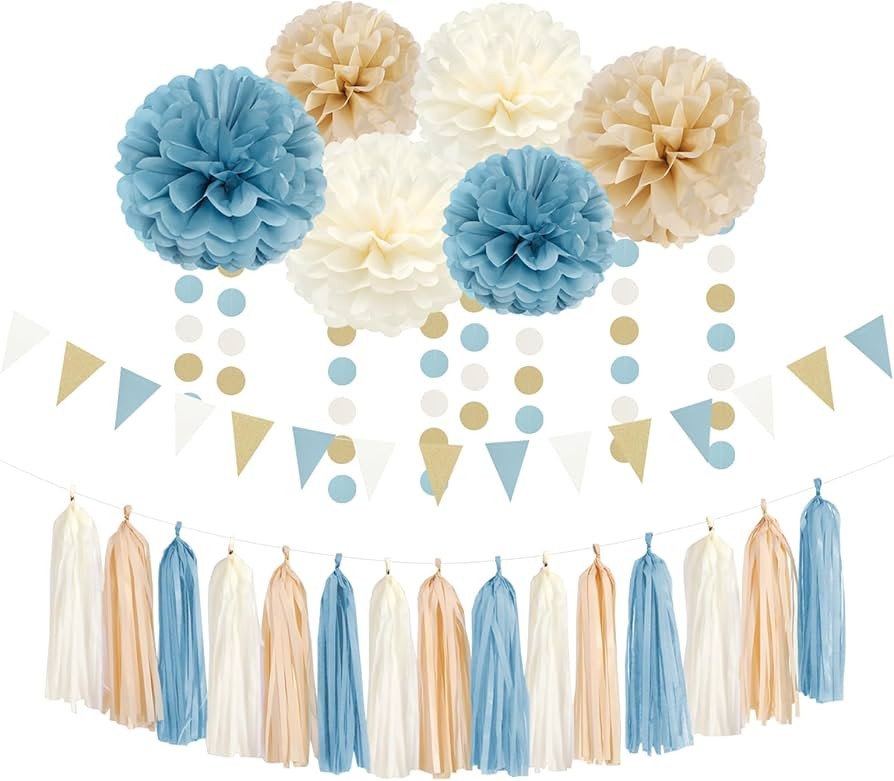 Light-Dusty Blue Beige-Champagne Boho Party Decorations - 23pcs Baby Bridal Shower Tissue Pom Pom... | Amazon (US)
