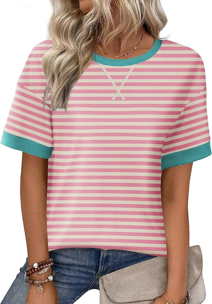 Zeagoo Womens Tops Casual Oversized Short Sleeve Sweatshirt Summer Striped Shirt Crewneck Pullove... | Amazon (US)