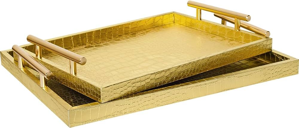 JUMBO HUMBLE Modern Elegant Large Wood Serving Tray, Set of 2 Gold Crocodile Leather with Gold Po... | Amazon (US)