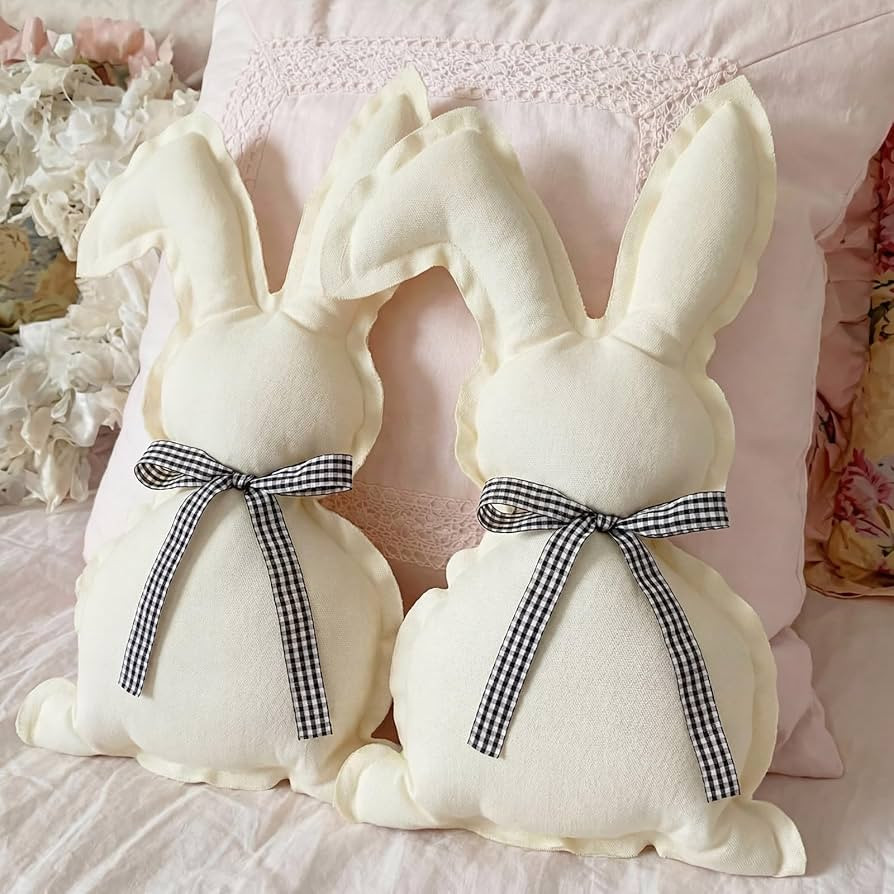2 Pcs Easter Bunny Throw Pillows Cute Rabbit Shaped Cotton-Linen Decorative Pillows with Plaid Bo... | Amazon (US)